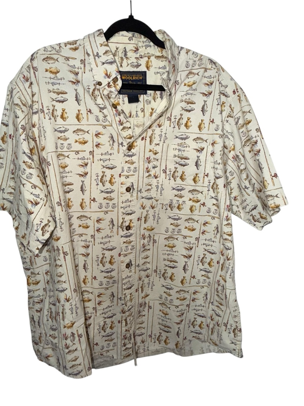 Woolrich Cream Short-Sleeve Button-Down with Fishing Print